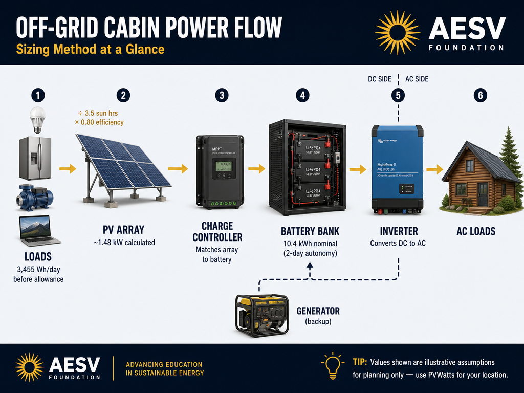 Off-grid cabin solar system sizing and power-flow diagram