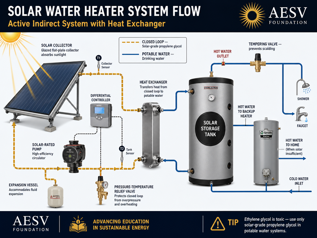 Solar water heater system flow showing collector, heat exchanger, tank, and potable water path